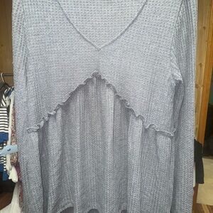 mittoshop Gray Waffle Knit V-Neck Ruffle Hem Top